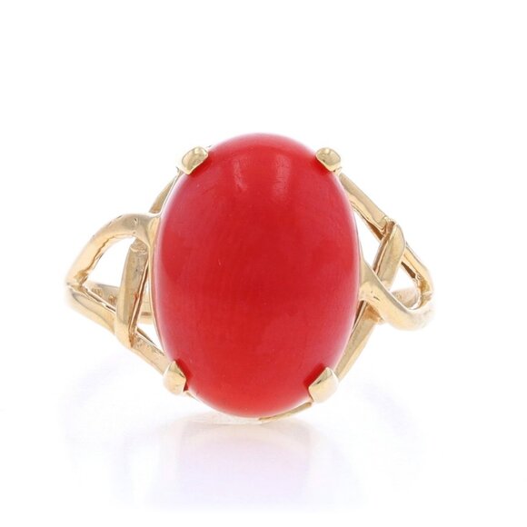 Yellow Gold Coral Cocktail Solitaire Bypass Ring 14k Oval Cabochon